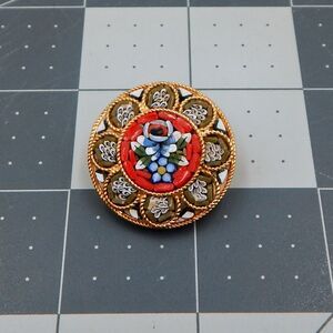 Vintage Round Micro Mosaic Brooch Pin Multicolor Flowers Floral Italy 1 Inch